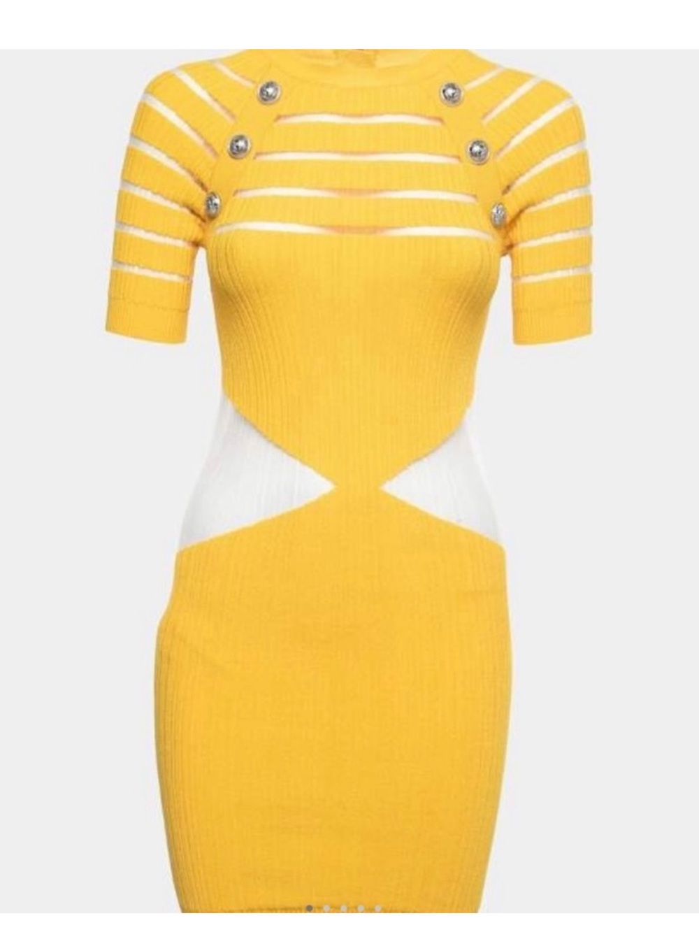 Balmain Paris Yellow Ribbed Knit Cutout Mini Dress Gold Buttons Size 38